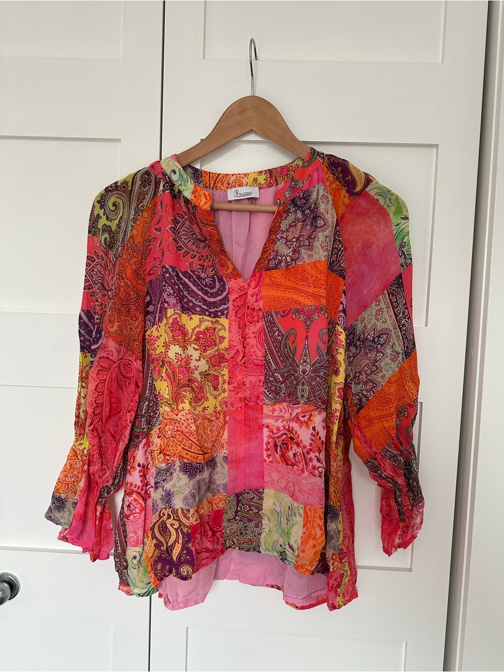 Paisley Patchwork V-Neck Blouse in Pink & Multi